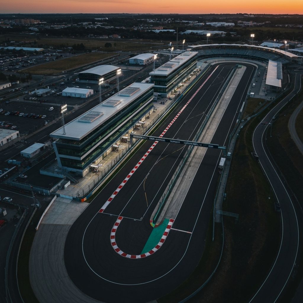 Aerial view of a professional motorsport circuit at dusk